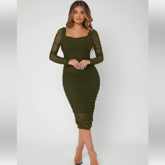 Rushed mesh green bodycon dress midi knee length - Picture 2 of 4